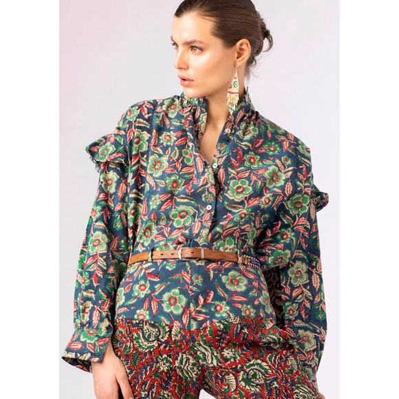 Alix of Bohemia Freya Flower Ruffle Cotton Floral Long Sleeve Blouse - Picture 1 of 11